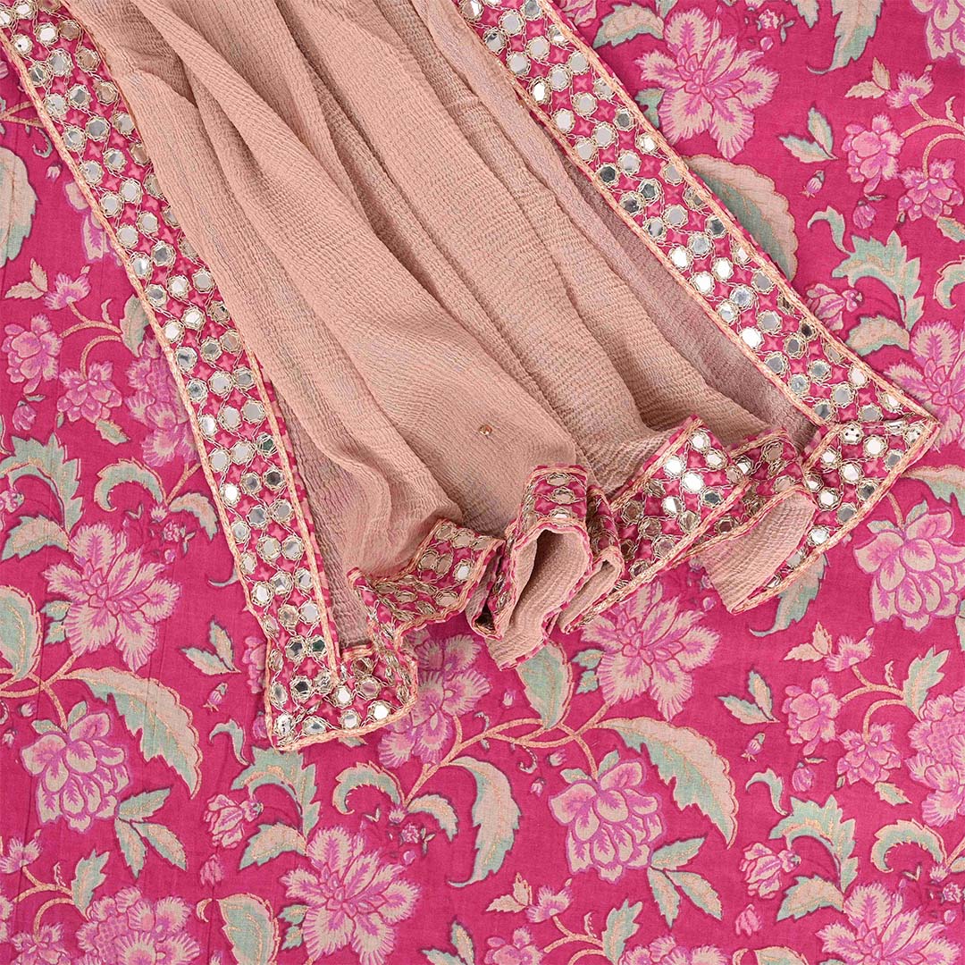 Sweet Rani Kalamkari Unstitched Cotton Rajasthani Suit Set With Chiffon Dupatta