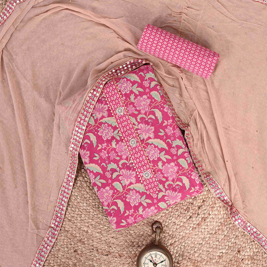 Sweet Rani Kalamkari Unstitched Cotton Rajasthani Suit Set With Chiffon Dupatta