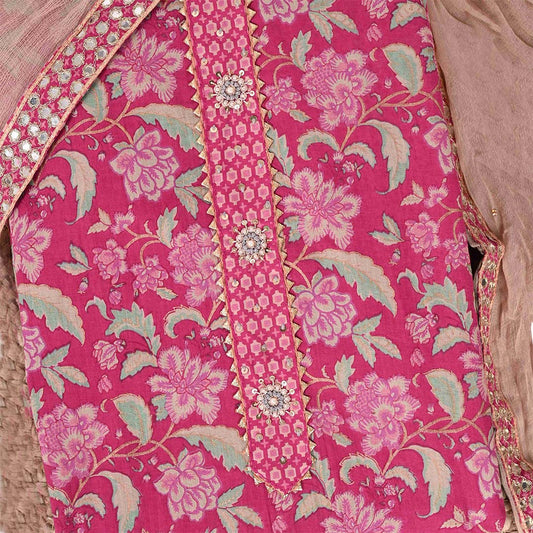 Sweet Rani Kalamkari Unstitched Cotton Rajasthani Suit Set With Chiffon Dupatta