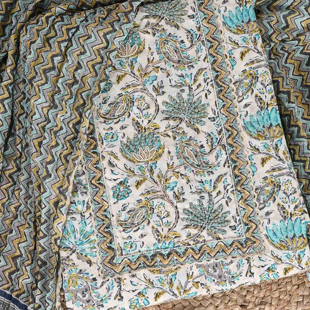 Tiffany Blue Flower Unstitched Jaipur Cotton Suit Set With Dupatta