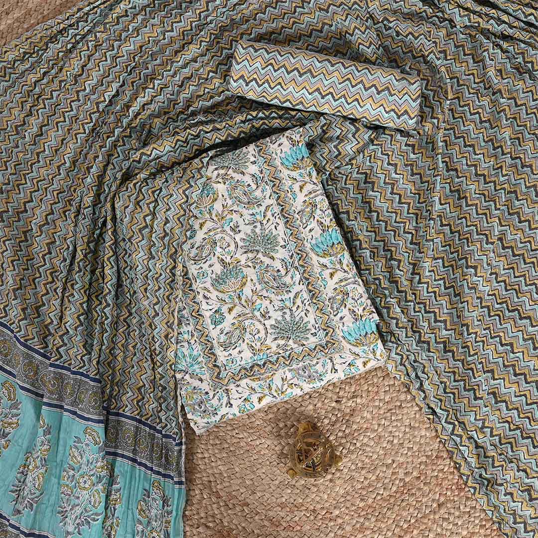 Tiffany Blue Flower Unstitched Jaipur Cotton Suit Set With Dupatta