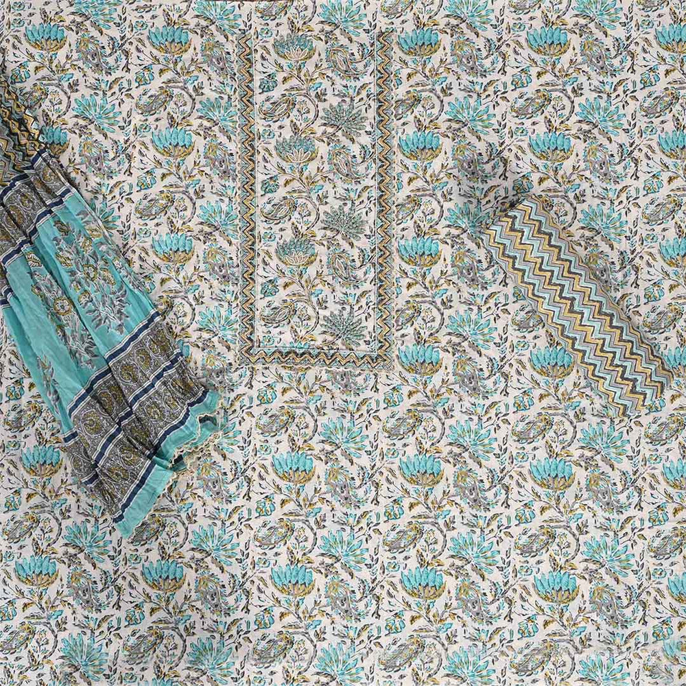 Tiffany Blue Flower Unstitched Jaipur Cotton Suit Set With Dupatta