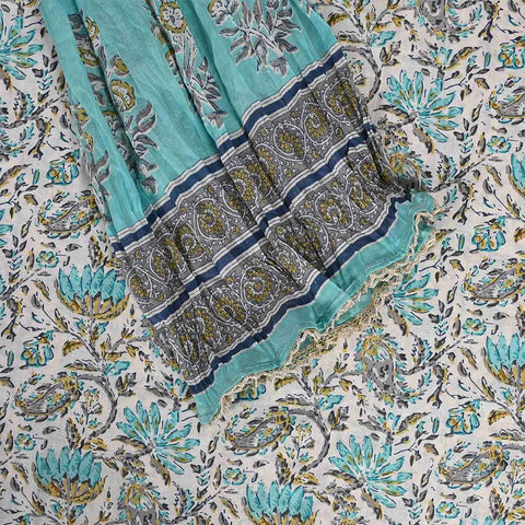 Tiffany Blue Flower Unstitched Jaipur Cotton Suit Set With Dupatta