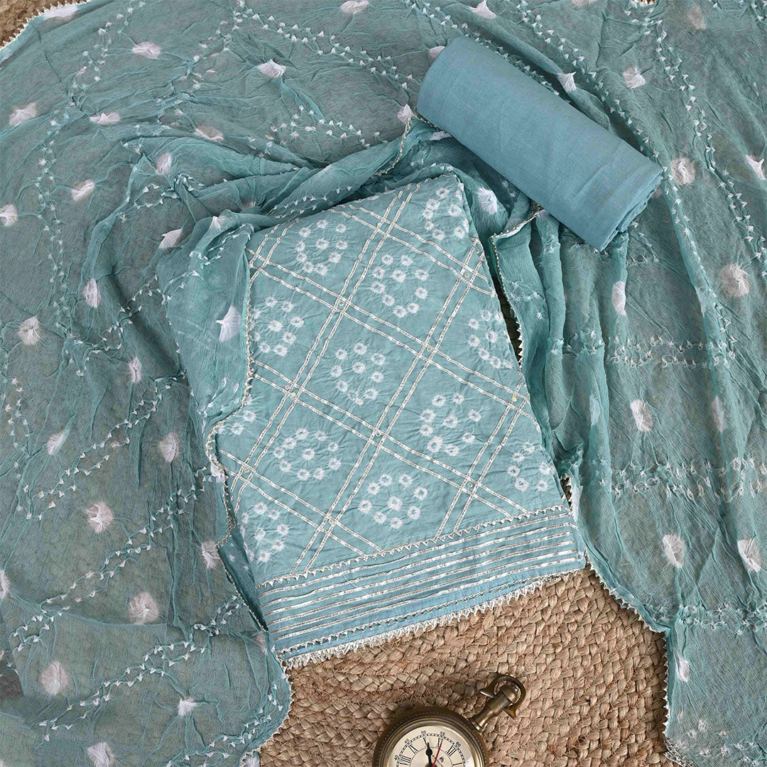 Turkish Bandhej Unstitched Cotton Jaipuri Salwar Suit With Chiffon Dupatta
