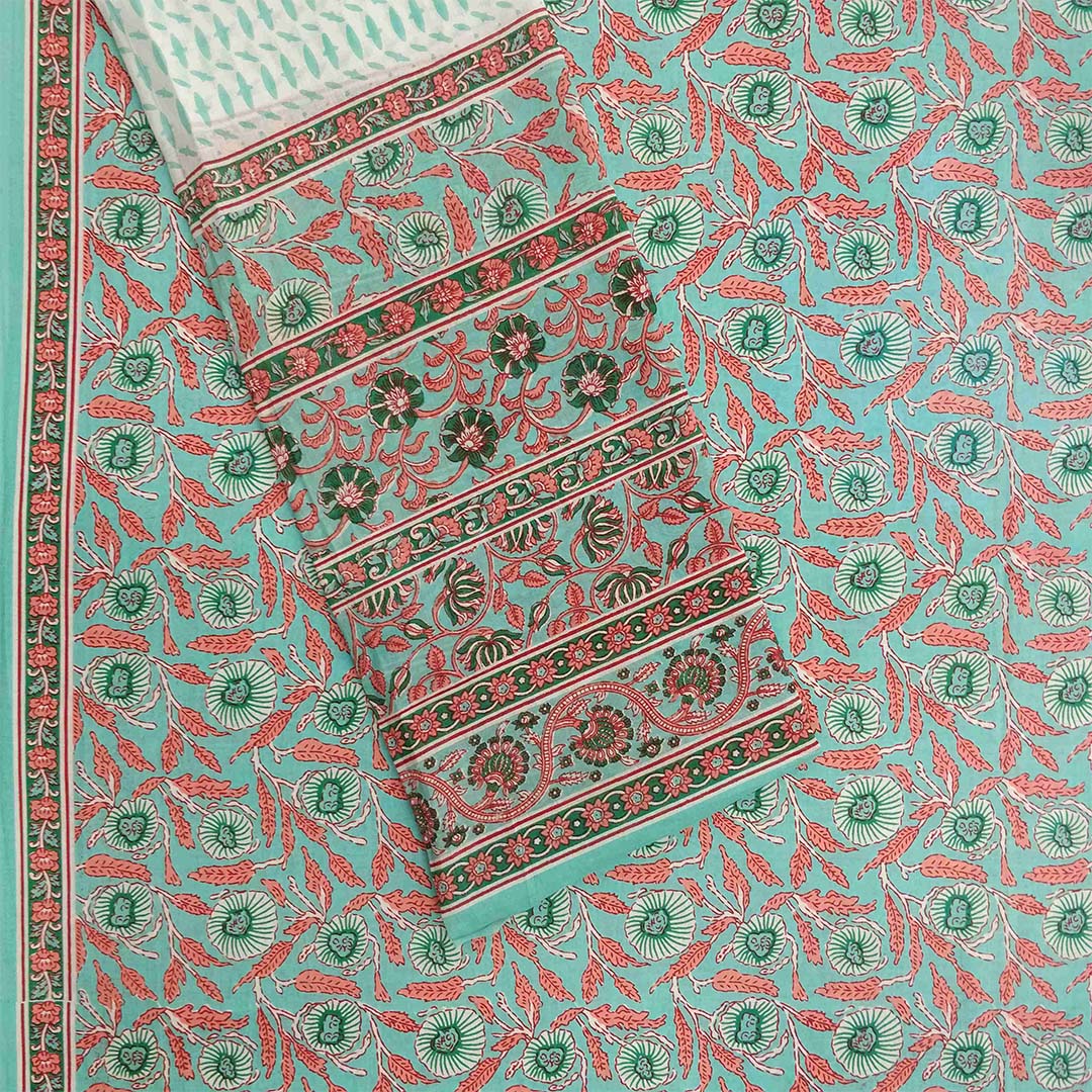Turquoise Jaal Unstitched Cotton Rajasthani Suit Set With Malmal Dupatta
