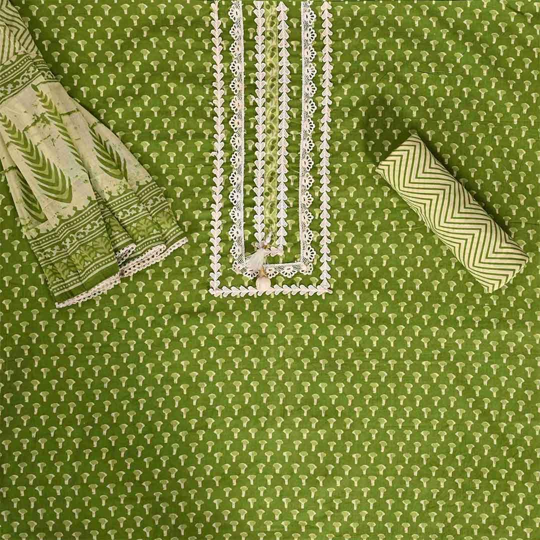 Venom Green Cotton Unstitched Jaipuri Suit Set With Dupatta