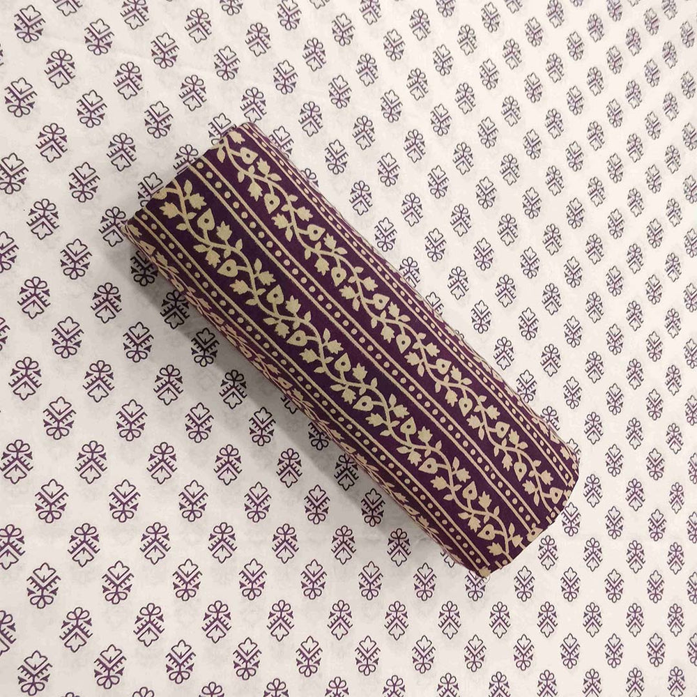 Vine White Tulip Unstitched Cotton Jaipuri Suit Set With Malmal Dupatta