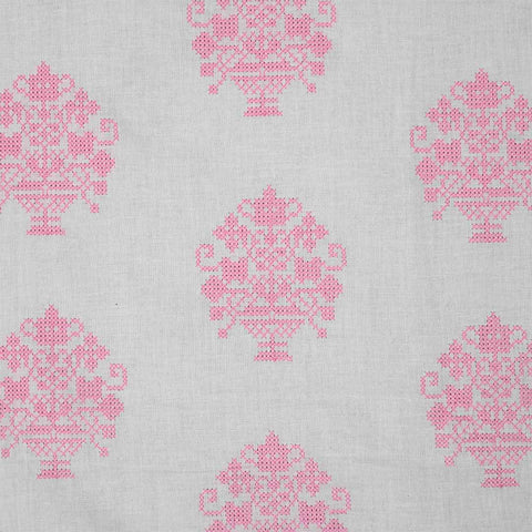 White Pink Cross-stitch Unstitched Jaipuri Cotton Suit Set With Dupatta