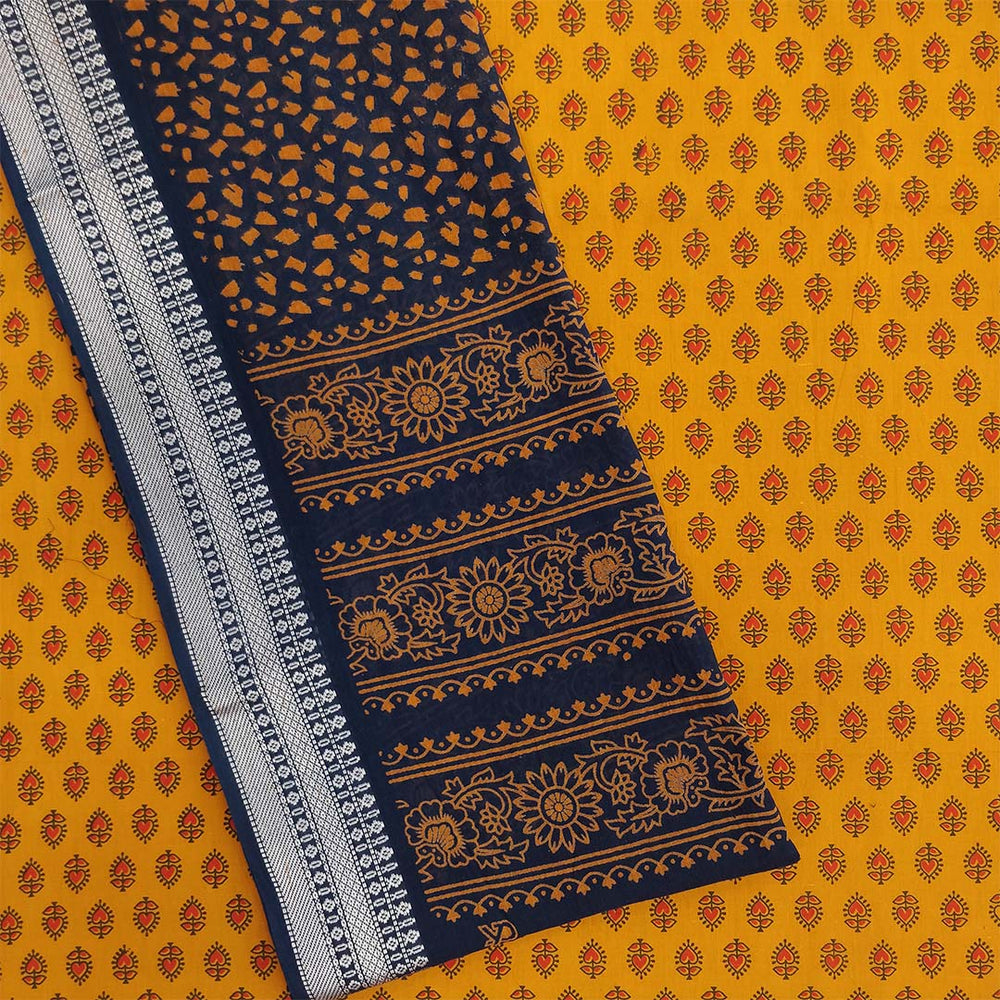 Yellow Blue Heart Unstitched Cotton Rajasthani Suit Set With Malmal Dupatta