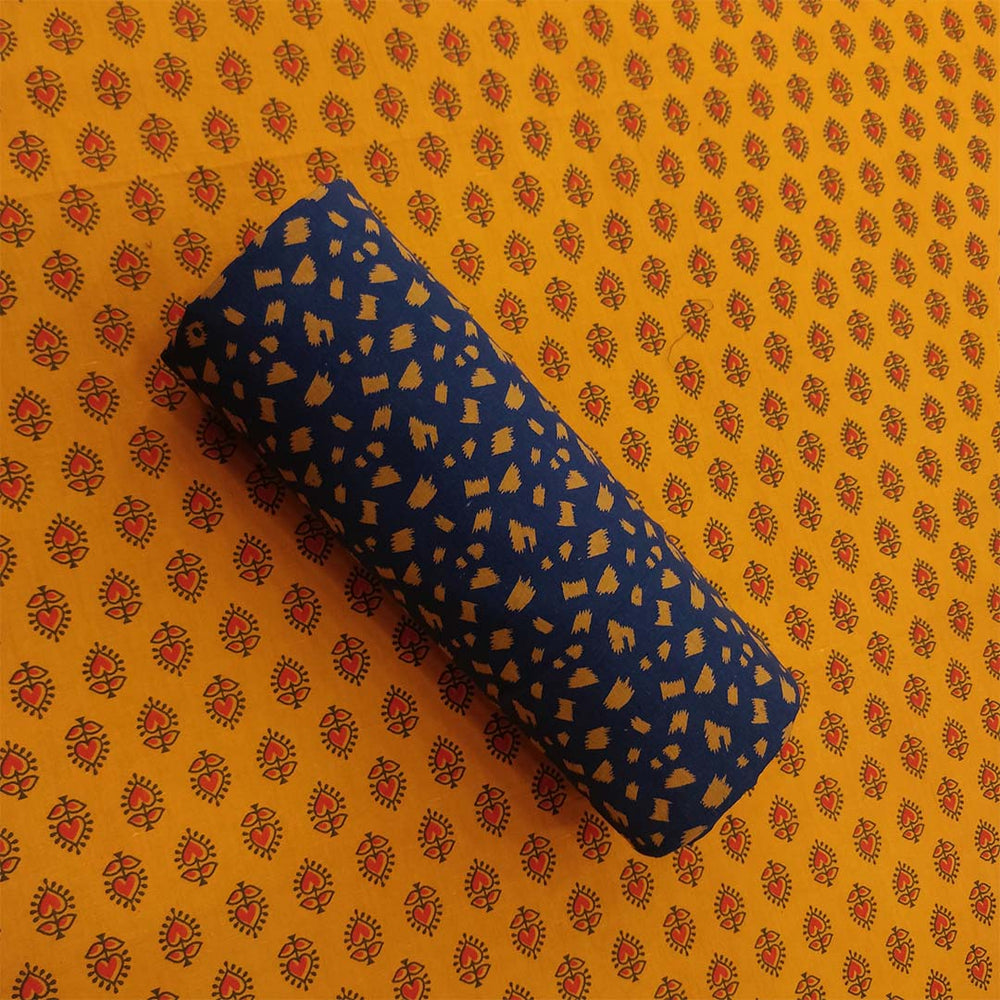 Yellow Blue Heart Unstitched Cotton Rajasthani Suit Set With Malmal Dupatta