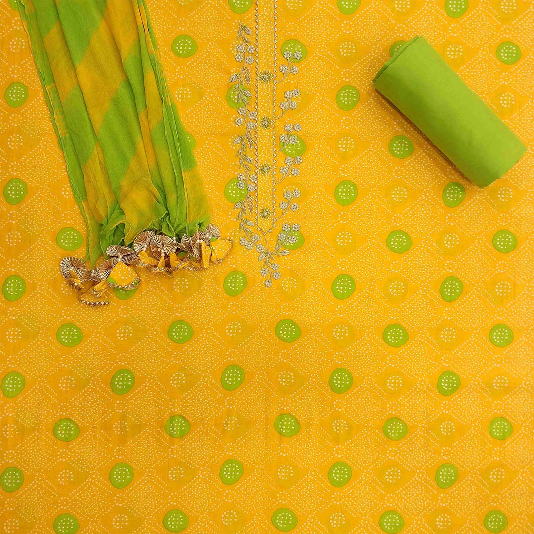 Yellow Green Bandhej Unstitched Cotton Jaipuri Salwar Suit With Chiffon Dupatta