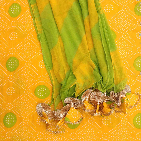 Yellow Green Bandhej Unstitched Cotton Jaipuri Salwar Suit With Chiffon Dupatta