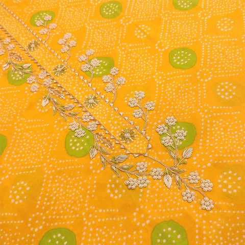 Yellow Green Bandhej Unstitched Cotton Jaipuri Salwar Suit With Chiffon Dupatta