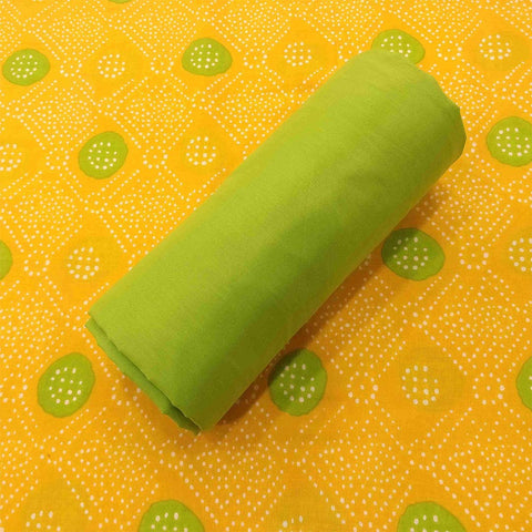 Yellow Green Bandhej Unstitched Cotton Jaipuri Salwar Suit With Chiffon Dupatta