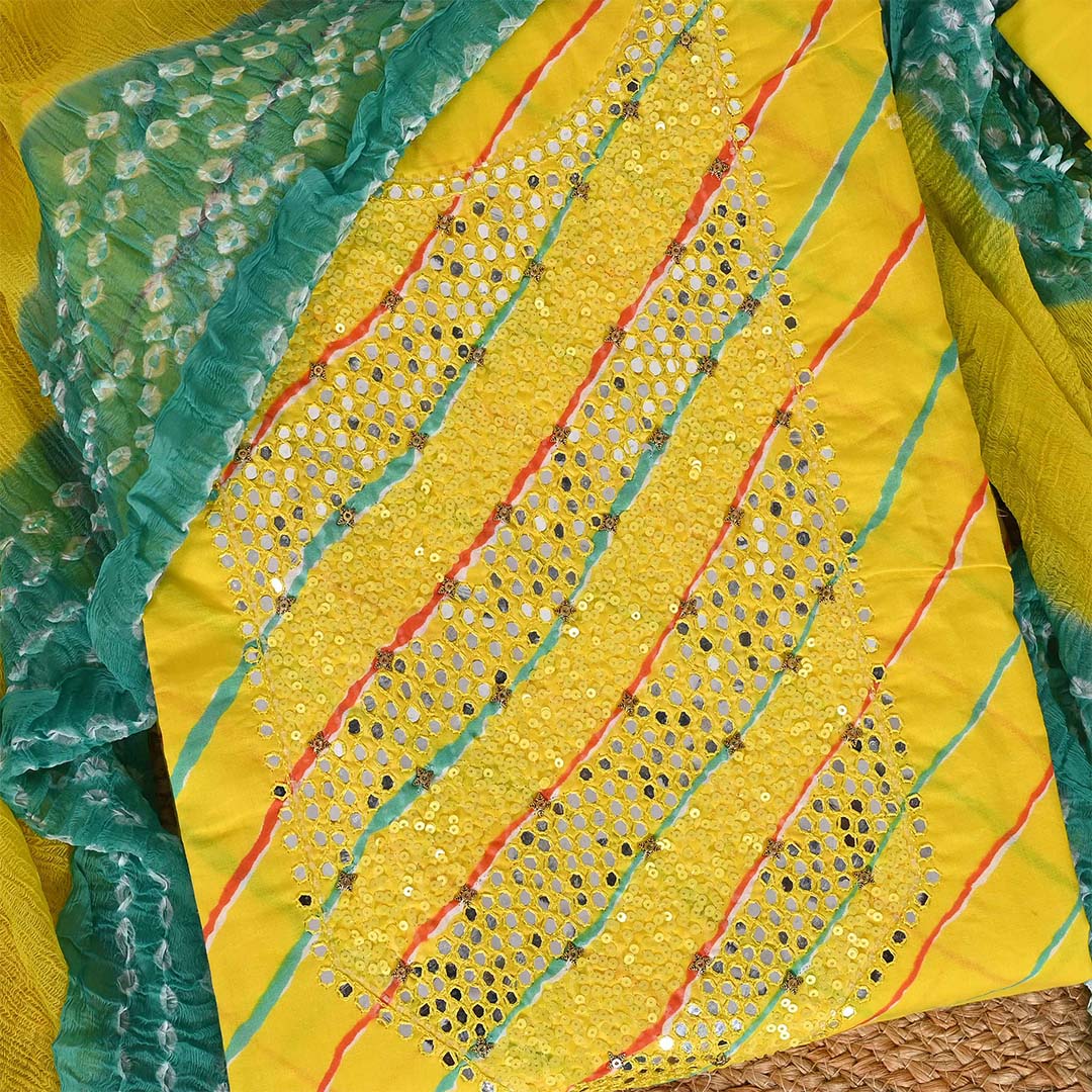 Yellow Mirror Work Leheriya Unstitched Cotton Salwar Suit With Chiffon Dupatta