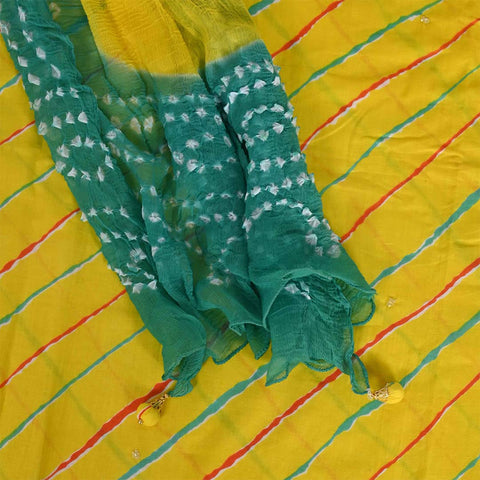 Yellow Mirror Work Leheriya Unstitched Cotton Salwar Suit With Chiffon Dupatta