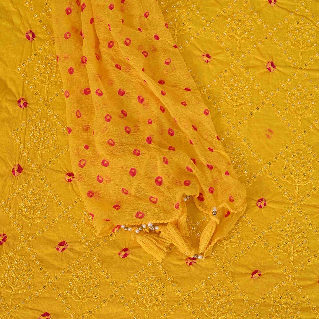 Yellow Rani Bandhani Unstitched Cotton Salwar Rajasthani Suit With Chiffon Dupatta