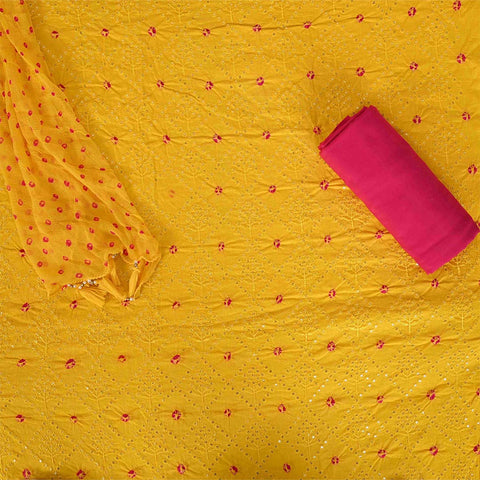 Yellow Rani Bandhani Unstitched Cotton Salwar Rajasthani Suit With Chiffon Dupatta