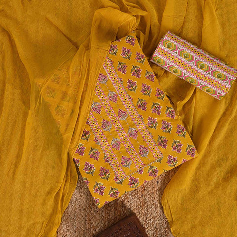 Yellow Rani Unstitched Cotton Rajasthani Suit Set With Chiffon Dupatta