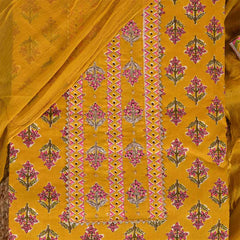 Yellow Rani Unstitched Cotton Rajasthani Suit Set With Chiffon Dupatta