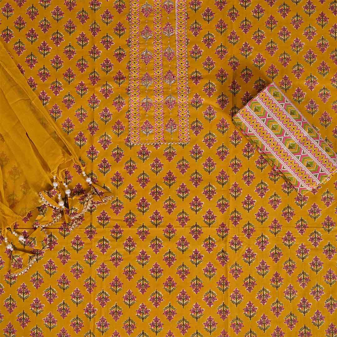 Yellow Rani Unstitched Cotton Rajasthani Suit Set With Chiffon Dupatta