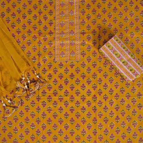 Yellow Rani Unstitched Cotton Rajasthani Suit Set With Chiffon Dupatta