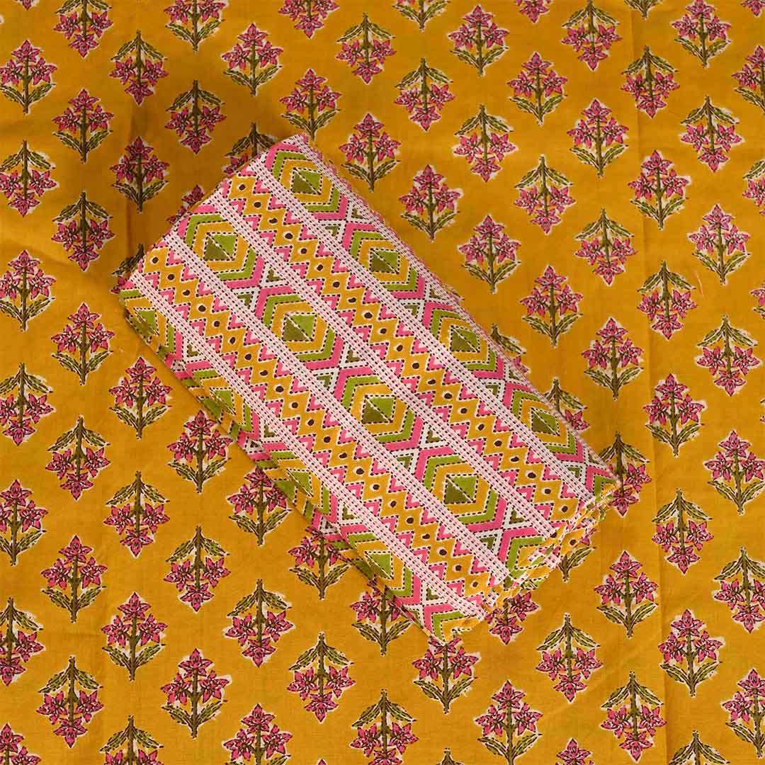 Yellow Rani Unstitched Cotton Rajasthani Suit Set With Chiffon Dupatta