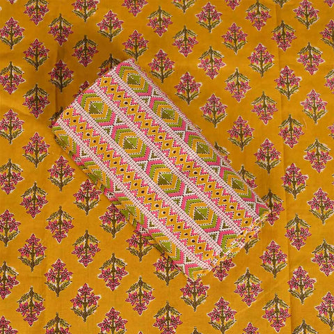 Yellow Rani Unstitched Cotton Rajasthani Suit Set With Chiffon Dupatta