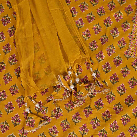 Yellow Rani Unstitched Cotton Rajasthani Suit Set With Chiffon Dupatta